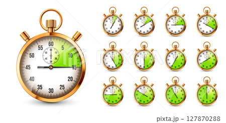 Realistic classic stopwatch. Shiny golden metal chronometer, time counter with dial. Green countdown timer showing minutes and seconds. Time measurement for sport, start, finish. Vector illustration Realistic classic stopwatch. Shiny golden metal chronometer, time counter with dial. Green countdown timer showing minutes and seconds. Time measurement for sport, start, finish. Vector illustration 127870288
