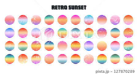 Grunge vintage colorful sunset. Striped gradient sunrise badges in 80s and 90s style. Sun and ocean view, summer vibes, surfing. Design element for print, logo or t-shirt. Vector illustration Grunge vintage colorful sunset. Striped gradient sunrise badges in 80s and 90s style. Sun and ocean view, summer vibes, surfing. Design element for print, logo or t-shirt. Vector illustration 127870289
