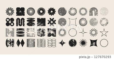 Brutalist geometric shapes, modern grunge symbols. Simple primitive elements and forms, distressed details. Retro design, aged, vintage, trendy contemporary minimalist style, y2k. Vector illustration 127870293