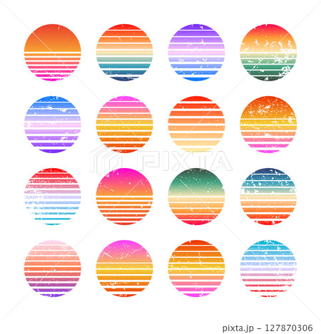 Grunge vintage colorful sunset. Striped gradient sunrise badges in 80s and 90s style. Sun and ocean view, summer vibes, surfing. Design element for print, logo or t-shirt. Vector illustration 127870306