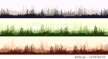 Meadow silhouettes with grass, plants on plain. Panoramic summer lawn landscape with herbs, various weeds. Herbal border, frame. Nature background. Green horizontal banner. Vector illustration 127870310