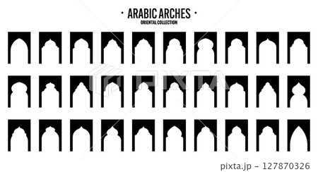 Islamic frames, oriental style objects. Arabic shapes, windows and arches. Traditional ornamental banner, frame. Muslim holidays, Ramadan Kareem. Modern eastern architecture. Vector illustration 127870326