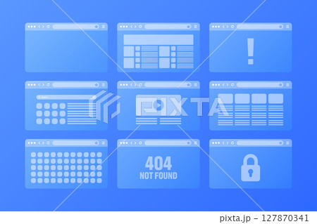 Web browser window, transparent pages layout with toolbar and search field. Modern website, internet page. Browser mockup for computer, tablet and smartphone. Adaptive UI. Vector illustration 127870341