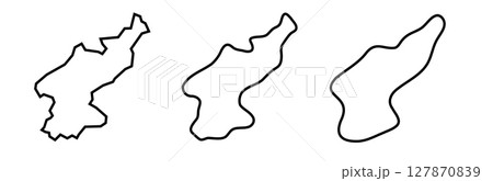 North Korea country black outline silhouettes in three different levels of smoothness. Simplified maps. Vector icons isolated on white background. 127870839