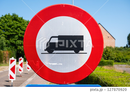 Road sign trucks forbidden in Westerlo, Antwerp Province, Belgium Road sign trucks forbidden in Westerlo, Antwerp Province, Belgium 127870920