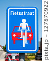 Traffic sign of a Fietsstraat, with priority for bikes over the car in Keerbergen, Flemish Brabant, Belgium 127870922