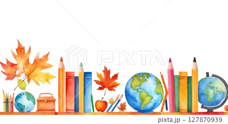 Back to School Autumn Frame with Books globe and Leaves Watercolor Illustration Back to School Autumn Frame with Books globe and Leaves Watercolor Illustration 127870939