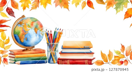 Back to School Autumn Frame with Books globe and Leaves Watercolor Illustration Back to School Autumn Frame with Books globe and Leaves Watercolor Illustration 127870945