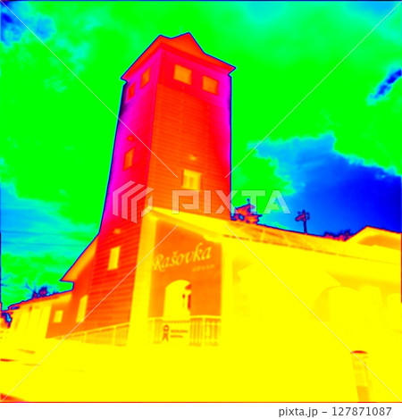 Old church on hill.  Thermal photography 127871087