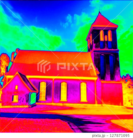 Old church on hill.  Thermal photography 127871095