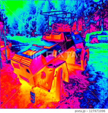 Small tractor in the countryside. Thermal photography Small tractor in the countryside. Thermal photography 127871096