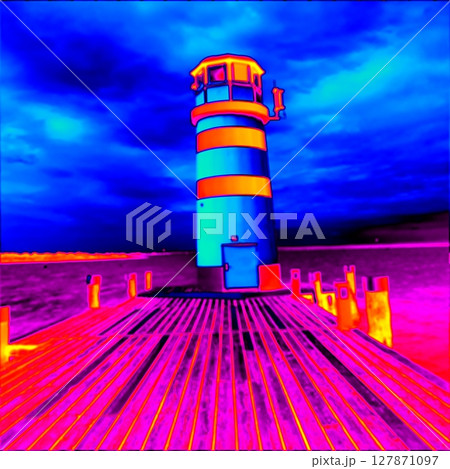 Lighthouse at lake. Thermal photography Lighthouse at lake. Thermal photography 127871097