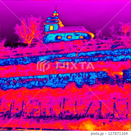 Old church on hill. Thermal photography Old church on hill. Thermal photography 127871104