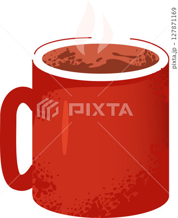 A red mug filled with a hot drink with steam rising from the top 127871169
