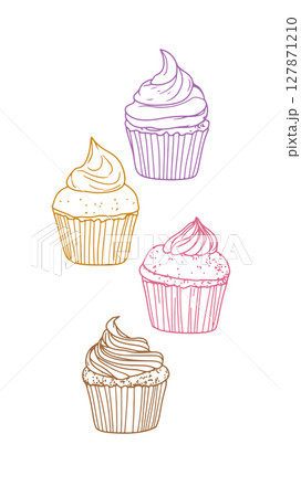 Cupcakes illustration set line art. Sweet desserts pastries bakery confection sketch. Food cafe restaurant menu design. Outline vintage white background vector Cupcakes illustration set line art. Sweet desserts pastries bakery confection sketch. Food cafe restaurant menu design. Outline vintage white background vector 127871210