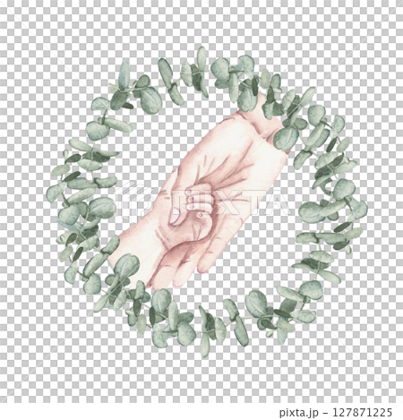 Watercolor illustration of Mother and Newborn Baby Hands in eucalyptus wreath. Happy Motherhood and Family concept. Hand drawn art for Mother's day, Baby shower or Gender Party Cards and Invitations. 127871225