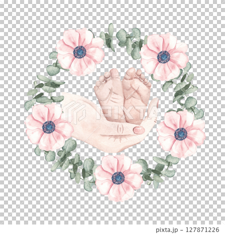Baby shower watercolor composition. Newborn Baby feet in Mother Hands inside of anemone and eucalyptus wreath. Hand drawn illustration for gender reveal party, Mother's day cards and invitations. 127871226