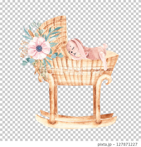 Watercolor illustration of Baby Girl cradle from rattan decorated with anemone bouquet with plush Bunny Toy. Hand drawn Crib in retro style. For newborn greeting or birthday cards, baby shower 127871227