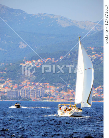 Sailing Through the Serene Waters of Bay of Kotor Riviera in Montenegro 127871617