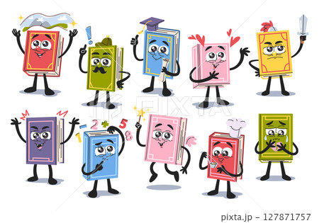 Cute paper books cartoon characters poetry, fairy tales, culinary and education literature set 127871757