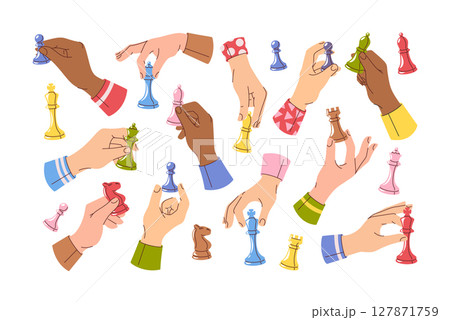 Human hands holding different chess pieces and figures isolated cartoon set on white background 127871759