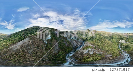 Panoramic view of the mountains, clear blue sky, and a winding stream 127871917
