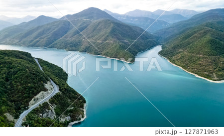 Panoramic drone view of the Zhinvali Reservoir in Georgia 127871963