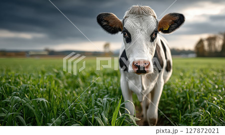 Young holstein cow grazing in lush green pasture under dramatic cloudy sky at sunset in scenic countryside landscape 127872021
