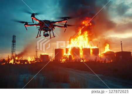 Dramatic drone capture of fire at industrial oil facility with storage tanks 127872025