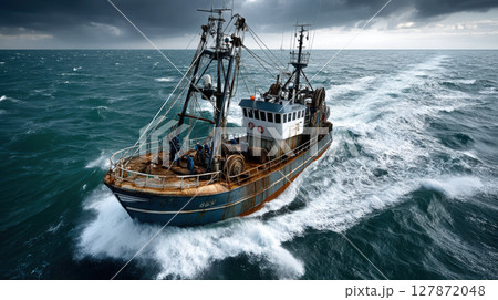 Rustic fishing vessel navigating choppy seas under dramatic clouds on an overcast day, heading into expansive ocean waters 127872048