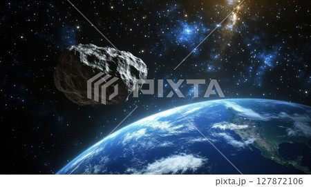 Majestic asteroid passing earth in deep space with stars in cosmic background capturing celestial wonder and universal expansiveness 127872106