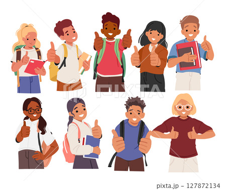 Set of isolated portraits with happy smiling schoolchildren cartoon characters giving thumbsup 127872134