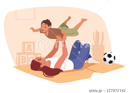 Happy mother lifting up her lovely boy child while playing at home together cartoon motherhood scene Happy mother lifting up her lovely boy child while playing at home together cartoon motherhood scene 127872142