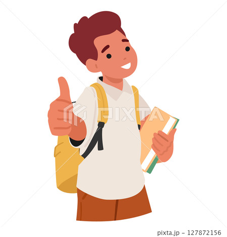 Smiling schoolboy cartoon character holding textbook carrying schoolbag showing thumbsup portrait 127872156