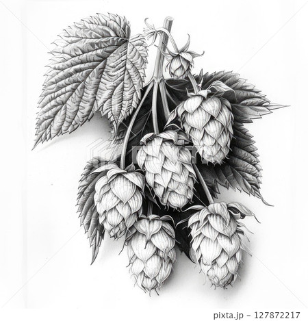 Medicinal hop pencil drawing with detailed botanical features on white background showcasing hop cones and leaves 127872217