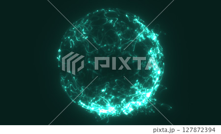 Teal glowing energy sphere made of swirling neon lines and particles on a deep green backdrop Teal glowing energy sphere made of swirling neon lines and particles on a deep green backdrop 127872394