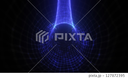 Bright glowing blue electric tunnel with dynamic wireframe lines and neon energy pulses, simulating a high-speed data flow 127872395