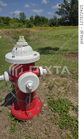 Bright red fire hydrant surrounded by green grass under a sunny sky, showcasing a vital emergency utility for firefighting infrastructure 127872425