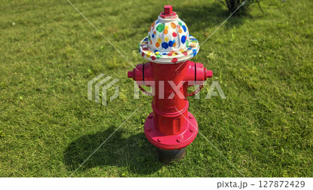 Bright red fire hydrant surrounded by green grass under a sunny sky, showcasing a vital emergency utility for firefighting infrastructure 127872429