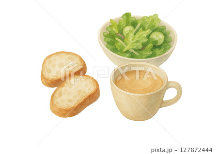サラダとパンとコーヒー（水彩イラスト） 127872444