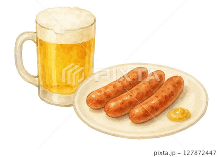 ビールとソーセージの乾杯セット（水彩イラスト） 127872447