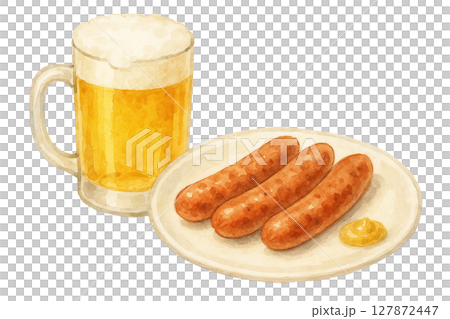 ビールとソーセージの乾杯セット（水彩イラスト） 127872447