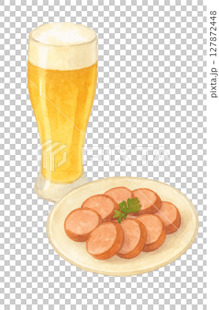 Beer and sausage slice snack set (watercolor illustration) 127872448
