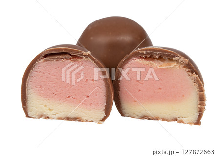 chocolate candies with marzipan isolated on white background chocolate candies with marzipan isolated on white background 127872663