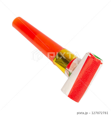 Party festive horn noisemaker blower rolled isolated on the white background cut out clipping path Party festive horn noisemaker blower rolled isolated on the white background cut out clipping path 127872781