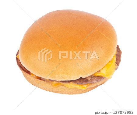Delicious grilled burger isolated on white background. Fast food hamburger. Perfect classic cheeseburger Delicious grilled burger isolated on white background. Fast food hamburger. Perfect classic cheeseburger 127872982