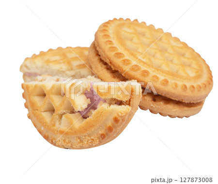Tasty sandwich cookie with cream isolated on white 127873008