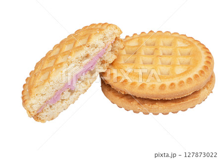 Tasty sandwich cookie with cream isolated on white 127873022