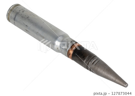 30 mm armor piecing round for automatic canon from infantry fighting vehicle BMP-2 used by the former Soviet Union. Isolated on white. 30 mm armor piecing round for automatic canon from infantry fighting vehicle BMP-2 used by the former Soviet Union. Isolated on white. 127873044