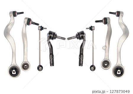 Front stabilizer isolated on white background. New car spare parts. Stabilizer link isolated. Rod connecting link. New car stabilizer links. Quality spare parts for car service or maintenance 127873049